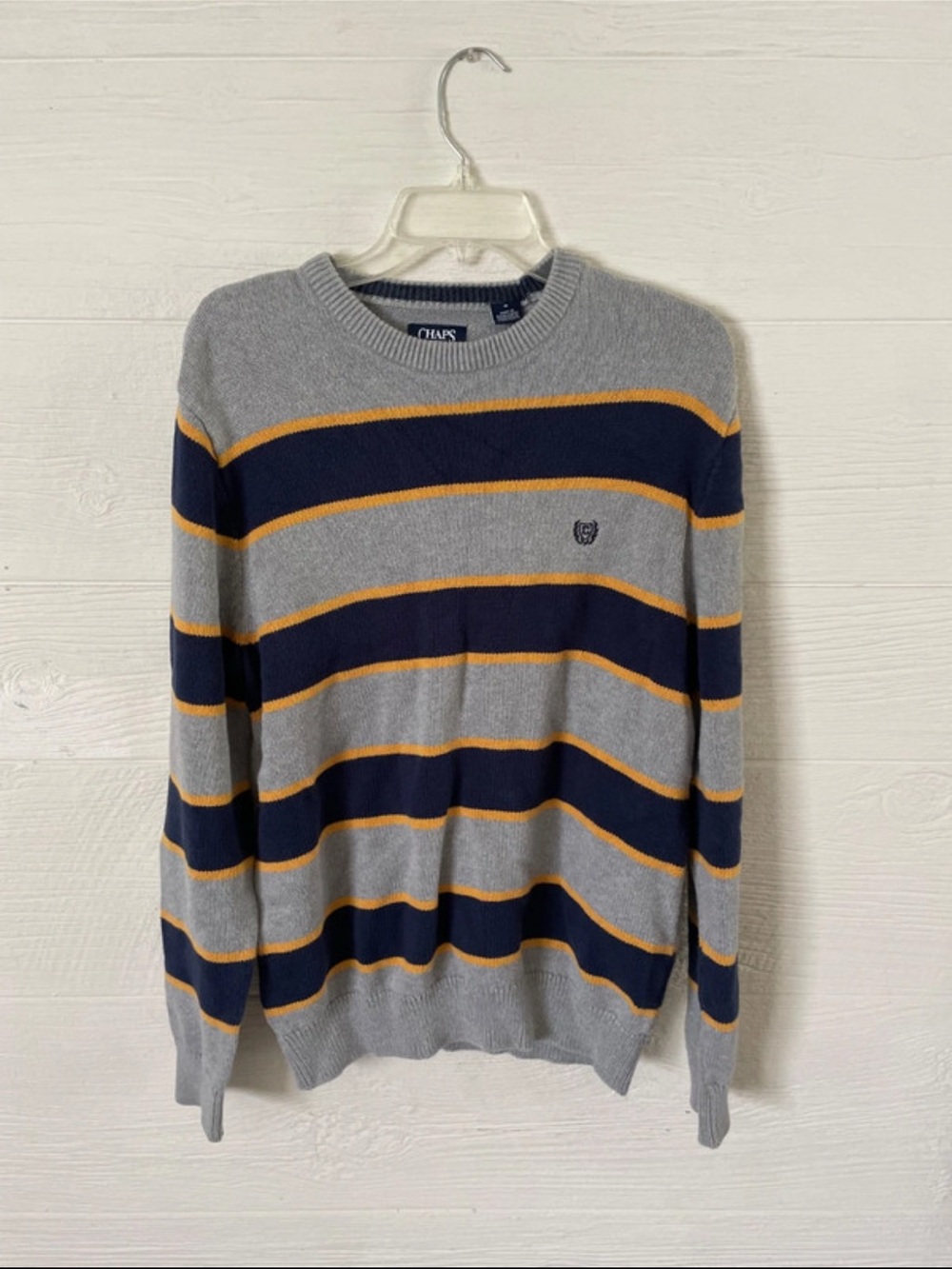 Chaps Gray, Navy & Gold Striped Crewneck Sweater